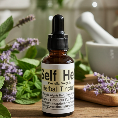 Herbal tincture bottle labeled 'Self Heal' on a wooden surface with herbs and a mortar and pestle.